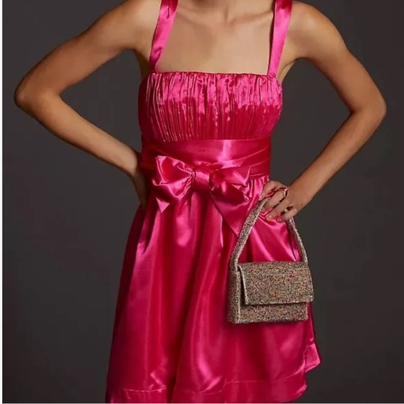 Anthropologie Maeve Satin Pink Mini Dress with belt - Picture 1 of 3